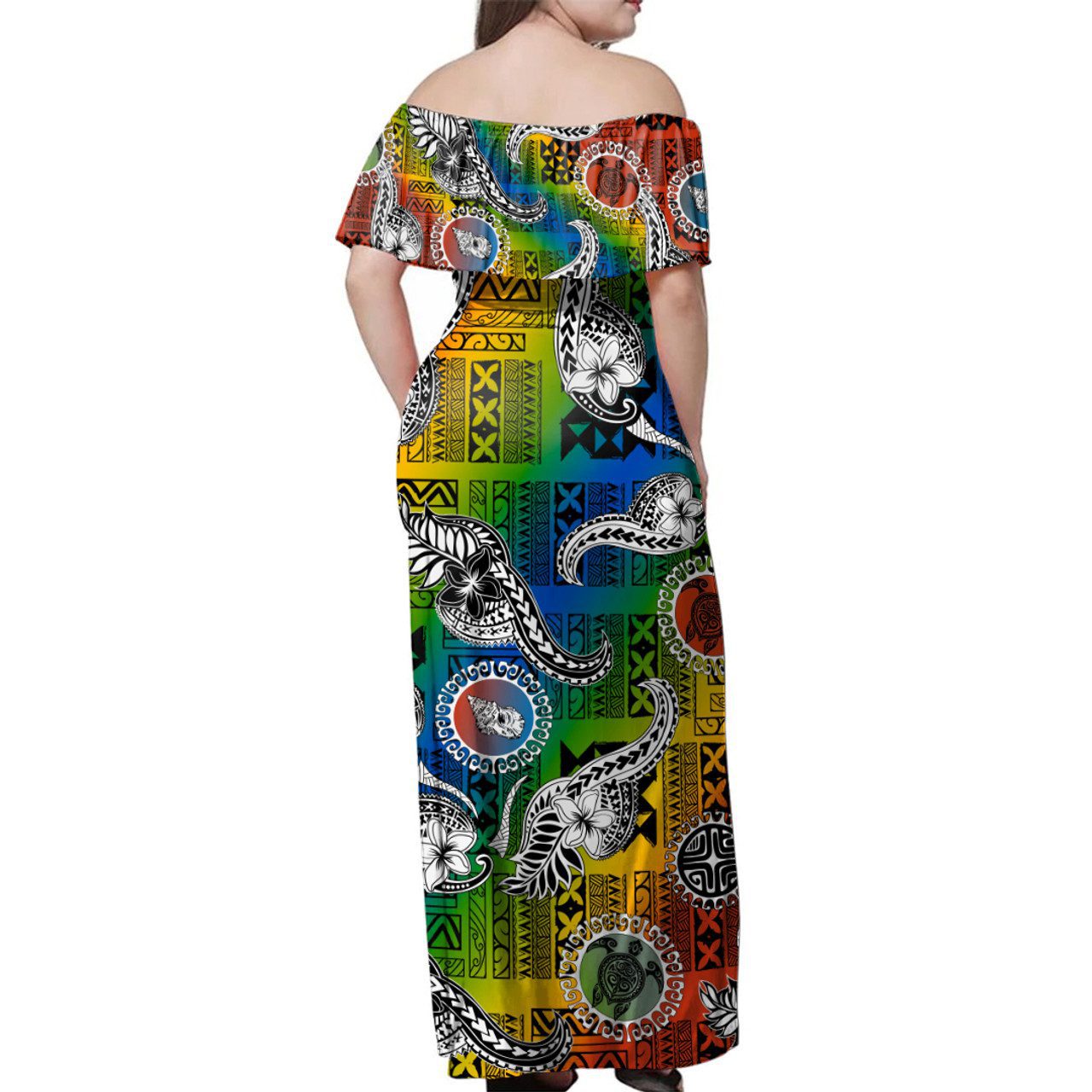 Tahiti Off Shoulder Long Dress Tribal Tattoo