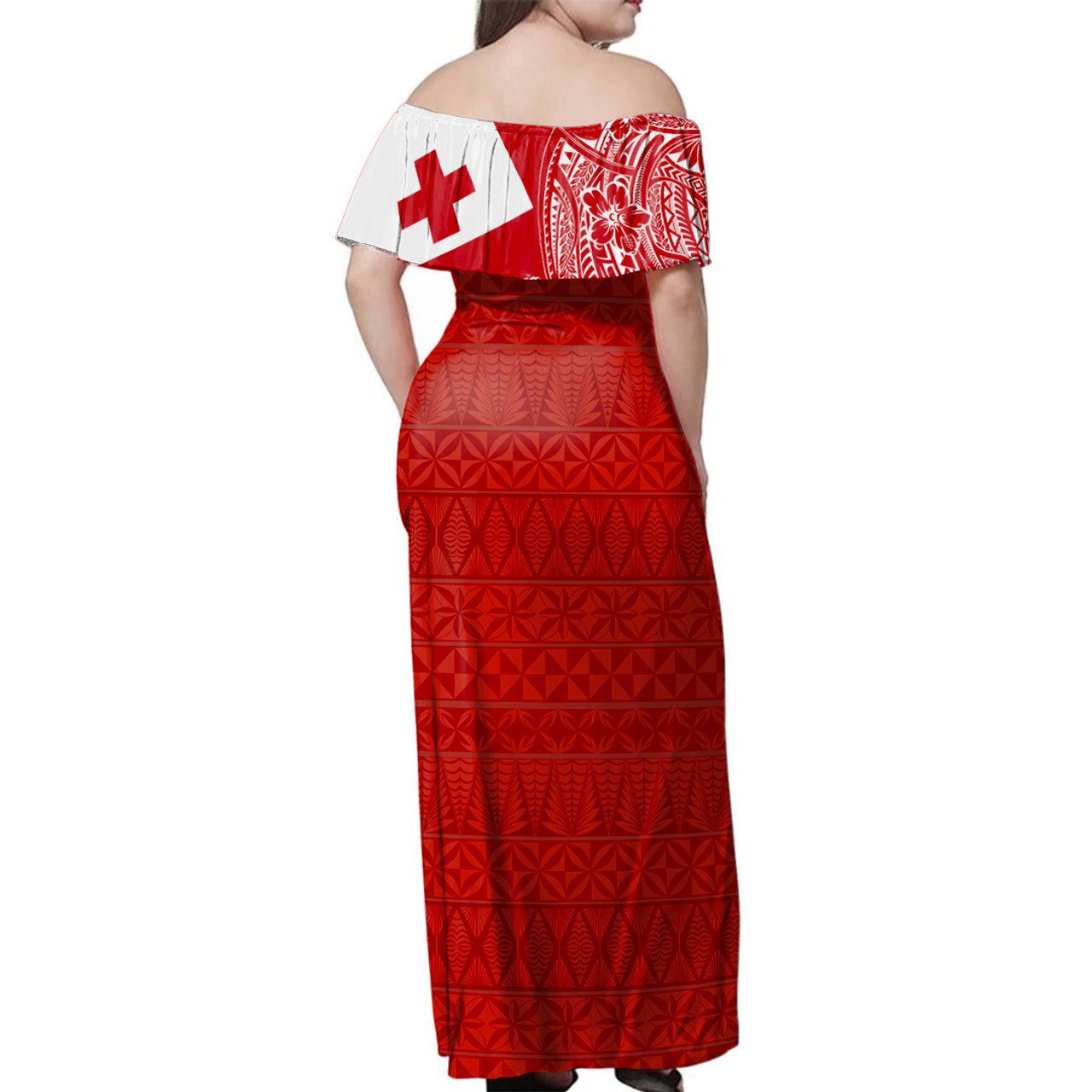 Tonga Woman Off Shoulder Long Dress Polynesian Flag With Coat Of Arms