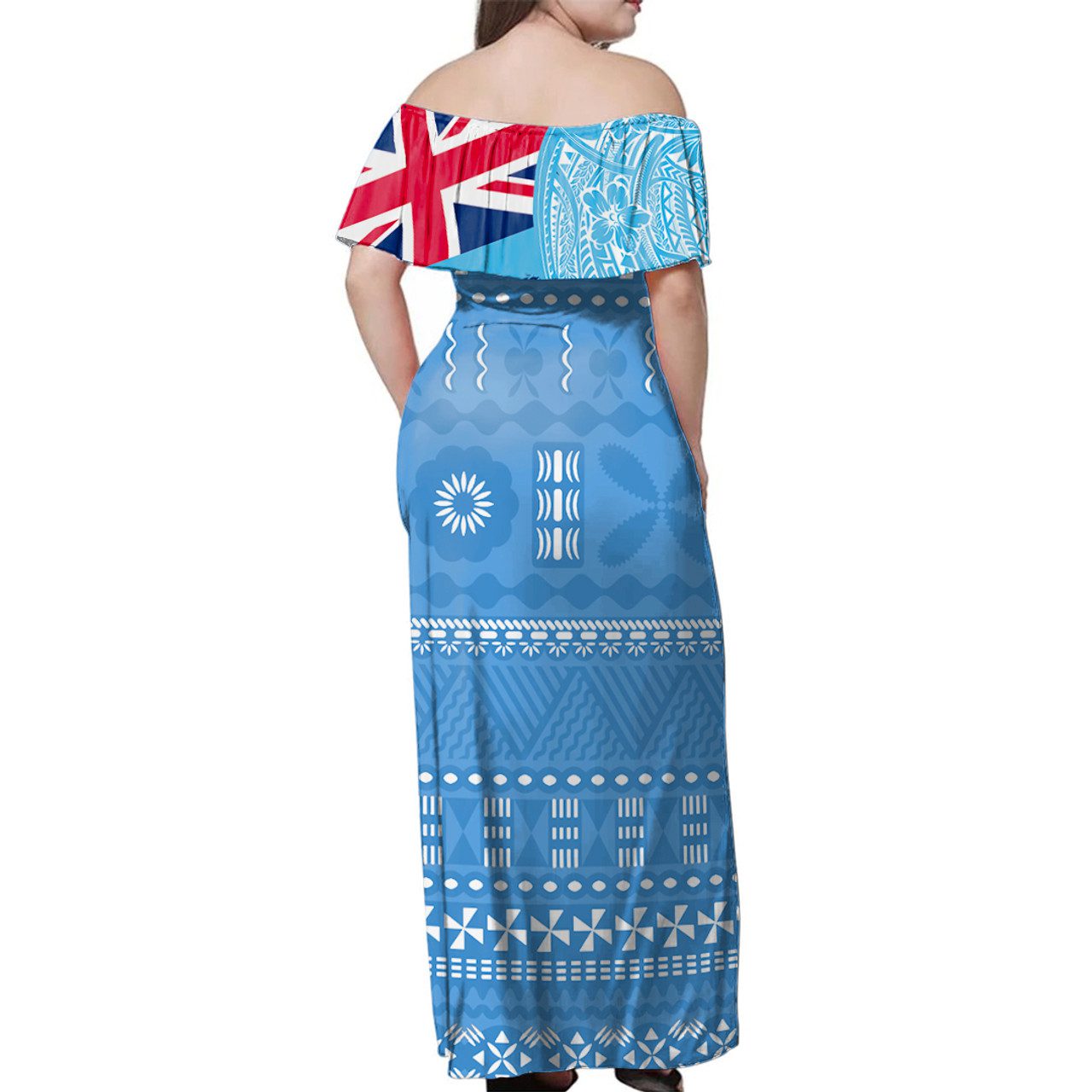 Fiji Woman Off Shoulder Long Dress Polynesian Flag With Coat Of Arms