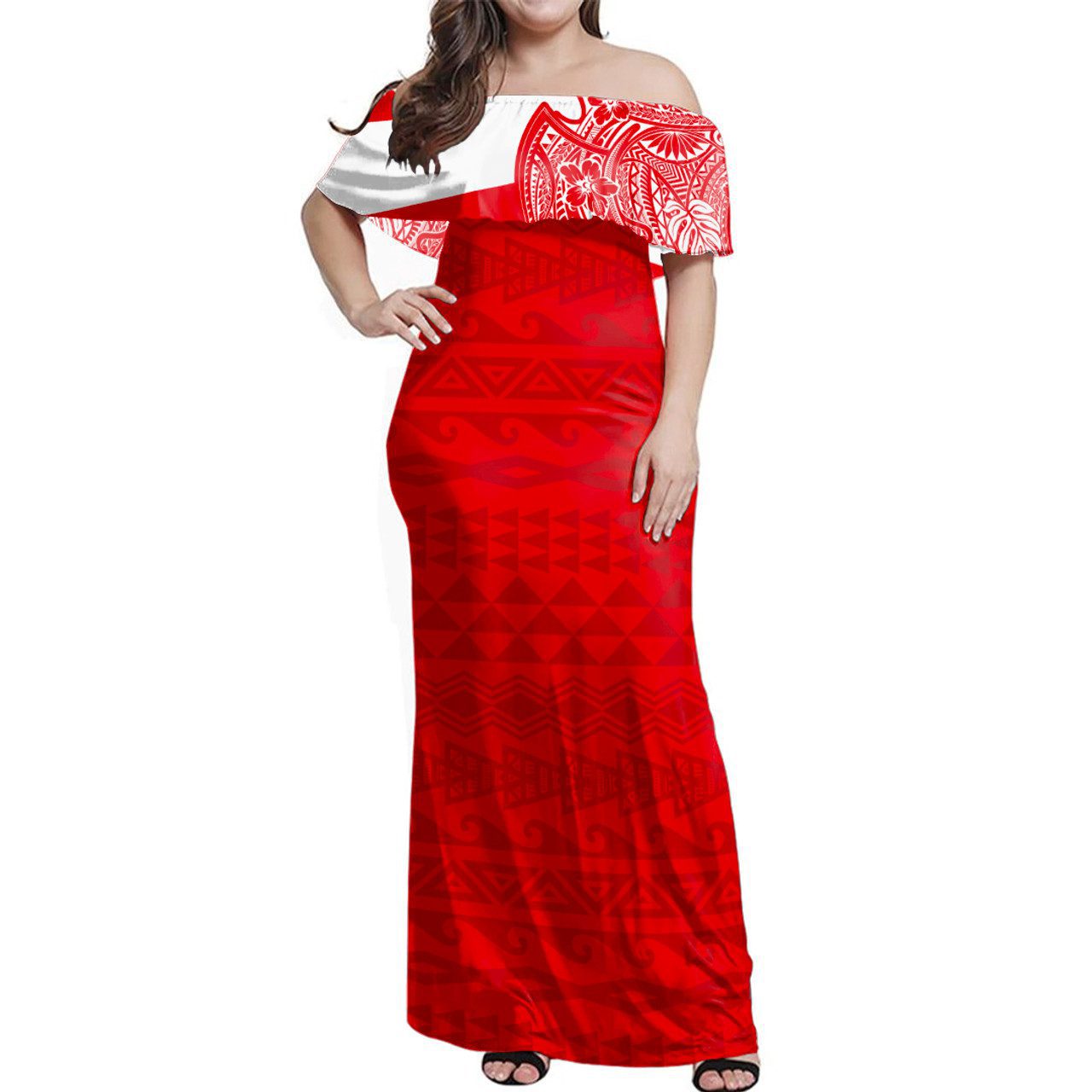 Tahiti Woman Off Shoulder Long Dress Polynesian Flag With Coat Of Arms