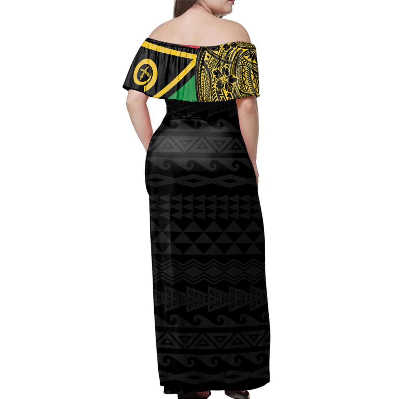 Vanuatu Woman Off Shoulder Long Dress Polynesian Flag With Coat Of Arms