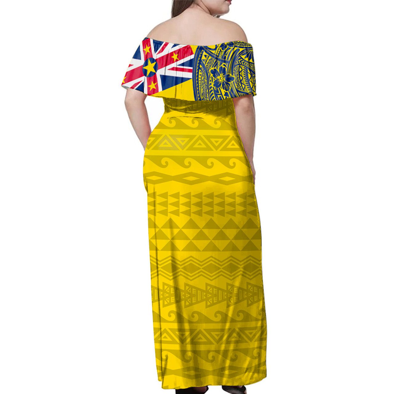 Niue Woman Off Shoulder Long Dress Polynesian Flag With Coat Of Arms