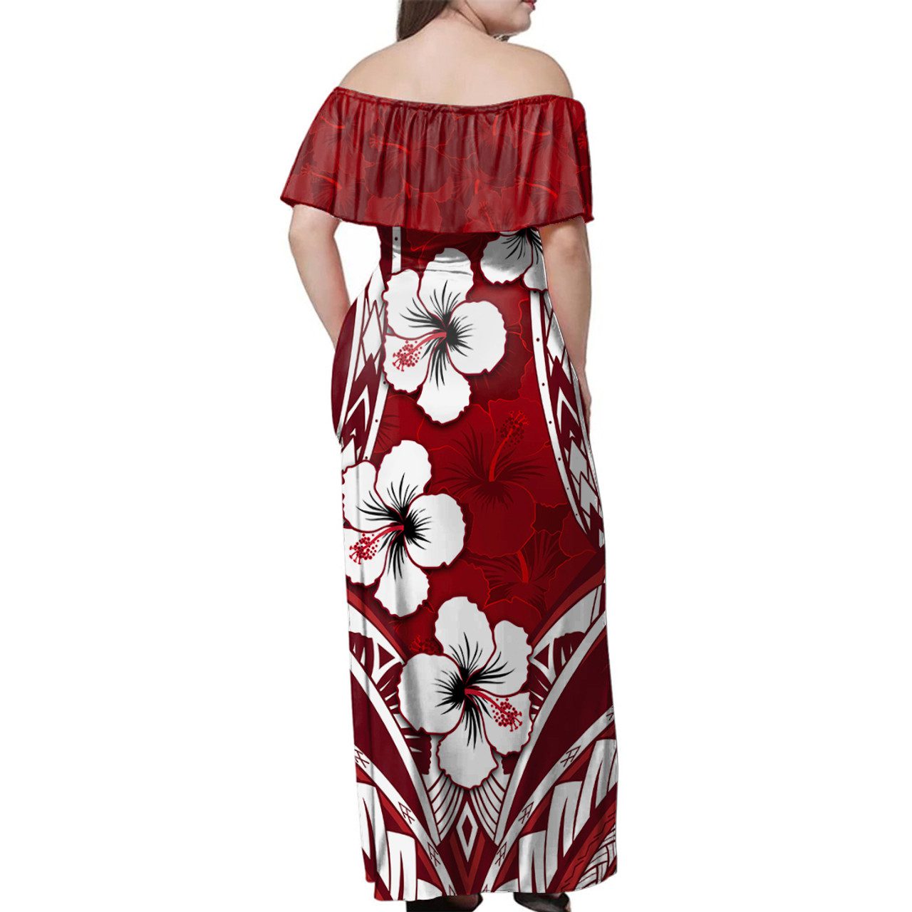 Fiji Woman Off Shoulder Long Dress Hibiscus Patterns Red