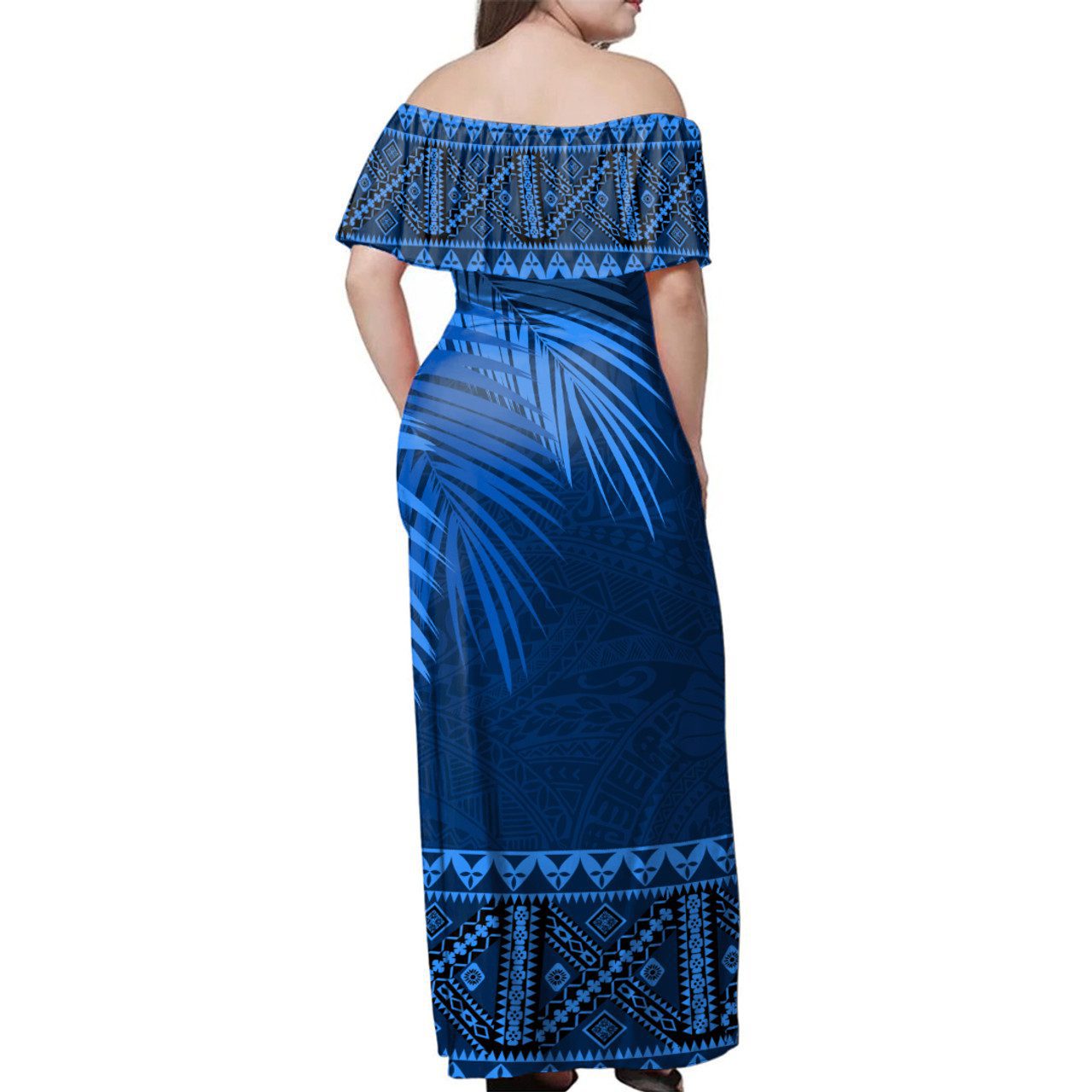 Samoa Woman Off Shoulder Long Dress Masi Dobby Fabric Leaves